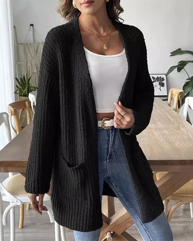 Жен. Вязаная ткань Кардиган Уличный стиль На каждый день Сплошной цвет Открытый перед Карман Трикотаж Длинный рукав Обычные топы Вязать Повседневные На выход выходные Черный Белый Осень Зима 2025 - $39.99 –P5