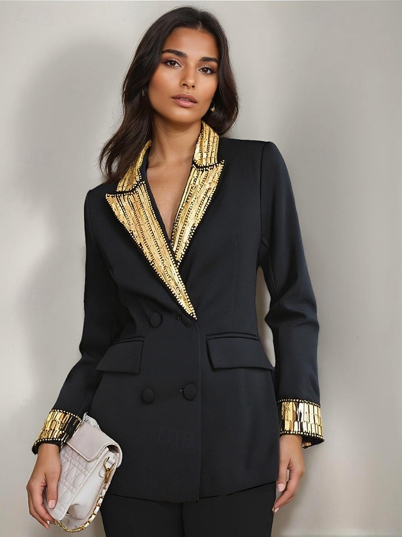 Blazer sur mesure pour femme, veste structurée à paillettes dorées, double boutonnage, formel, élégant, revers en pointe, poche à rabat, boutons recouverts uniquement sur le dessus de 2025 ? $124.99 –P1