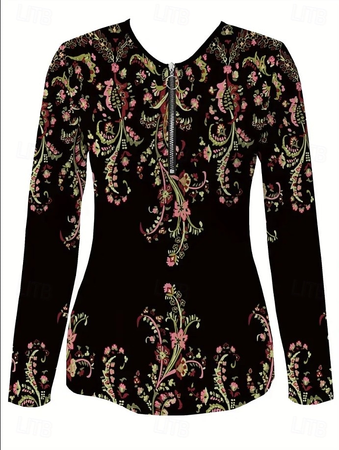 Женская футболка с короткой молнией на груди длинный рукав повседневная графическая tribal винтажная бохо тропическая гавайская V-образный вырез обычные топы для повседневной носки черная весна осень 2026 - $25.99 –P2