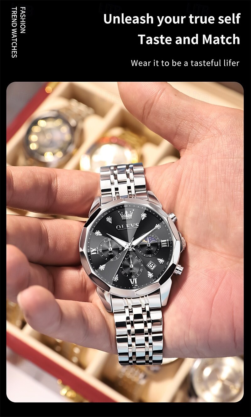 The New Olevs Men'S Business Watch With Luminous Calendar Small Three-Hand Moon Phase Display Multi-Functional Quartz Watch Waterproof Casual And Fashionable Men'S Sports Wristwatch 2025 - $34.99 –P14