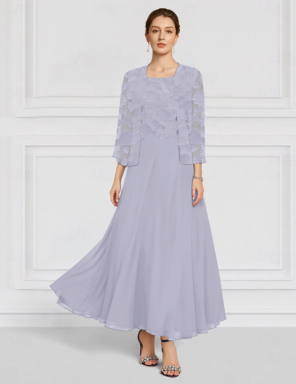 Из двух частей А-силуэт В пол Свадебное платье для гостей Платье для матери невесты Рукав 3/4 Вырез лодочкой Элегантный стиль Простой минималист Официальные Свадебный гость Шифон с Кружева 2026 - $157.99 –P5