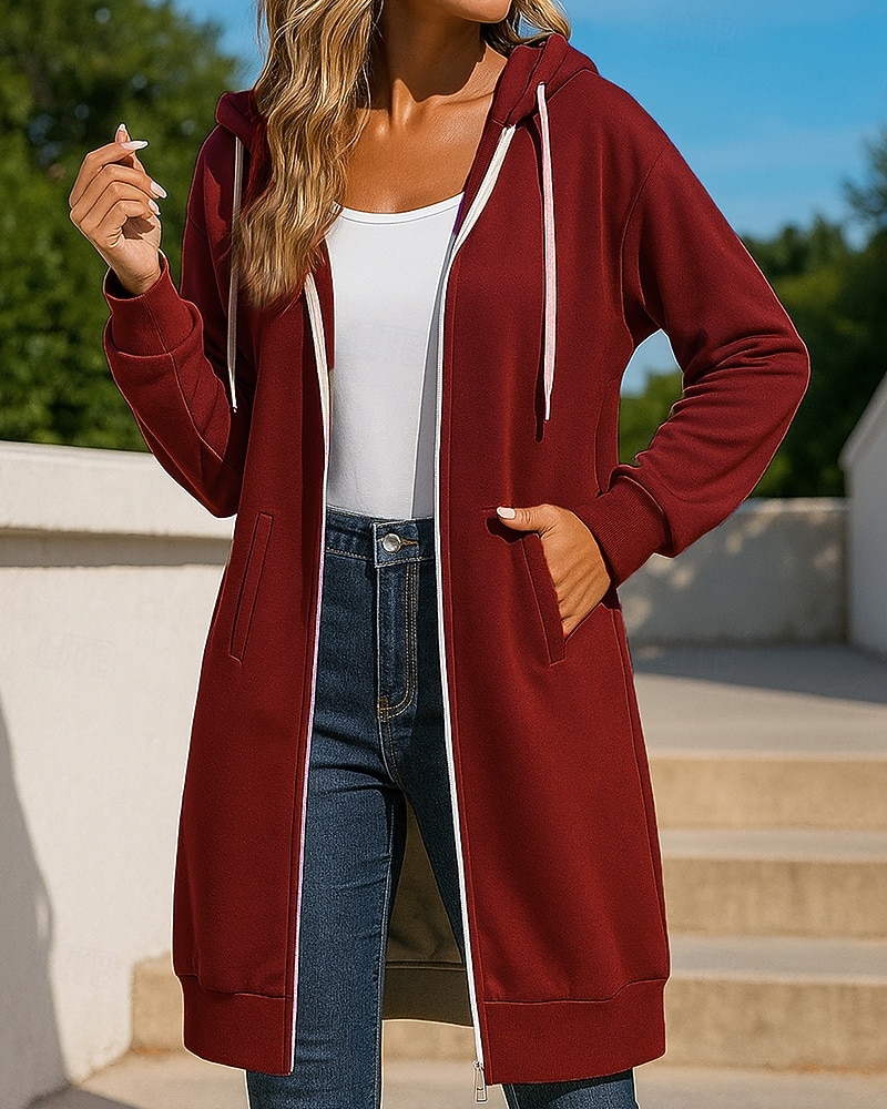 Mulheres Cor Sólida Moletom com zíper Moletom longo com capuz Outono Com Cordão Com bolsos Manga Longa Roupa Esportiva Exterior Viagem Esportivo Preto Branco Vermelho Roupa de esporte Roupas de 2026 por $28.99 –P5