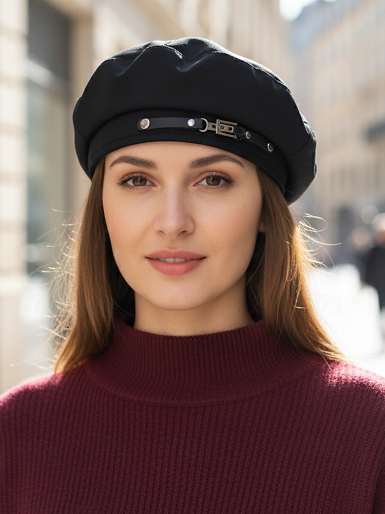 Damen-Barettmütze aus Polyester – stilvolle französische Malermütze mit Schnallendekor, lässige Vintage-Zeitungsjungenmütze für Herbst-Winter-Streetwear 2025 - $11.99 –P2
