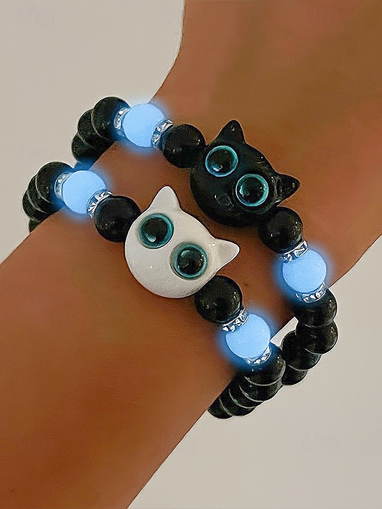 Dámský halloweenský korálkový náramek s kočkou, který svítí ve tmě – roztomilý černobílý strečový náramek s kočičím přívěskem na párty, cosplay a dárky 2026 - $5.99 –P1