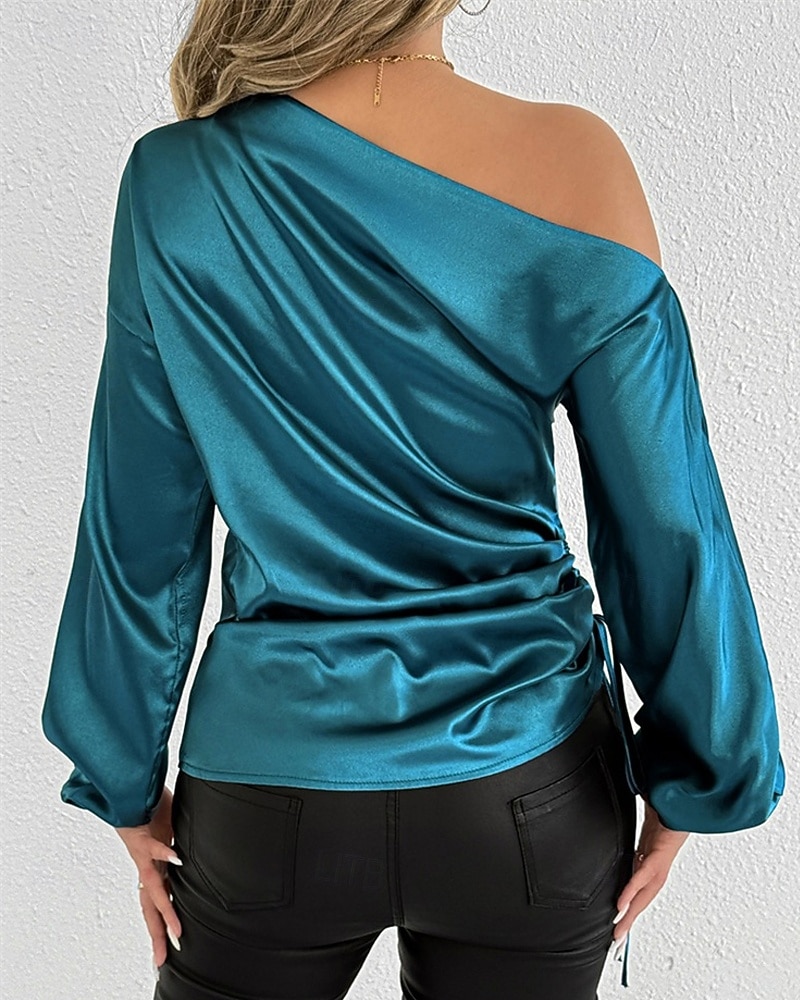 Mulheres Camisa Social Elegant Elegante Top de cetim Assimétrico Côr Sólida Elegante à moda Básico Manga Longa Ombro a Ombro ombro frio Tops regulares Diário Para Noite Azul Primavera Outono de 2026 por $28.99 –P2