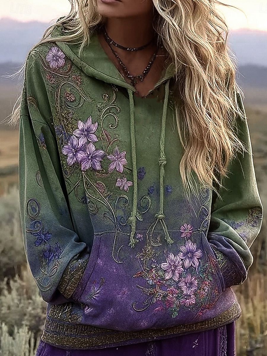 Felpa con cappuccio vintage boho 3D stampata per donna felpa patchwork felpa con cappuccio floreale felpa a maglione casual maniche lunghe cappuccio abbigliamento quotidiano da strada tasca frontale del 2025 a $26.99 –P1