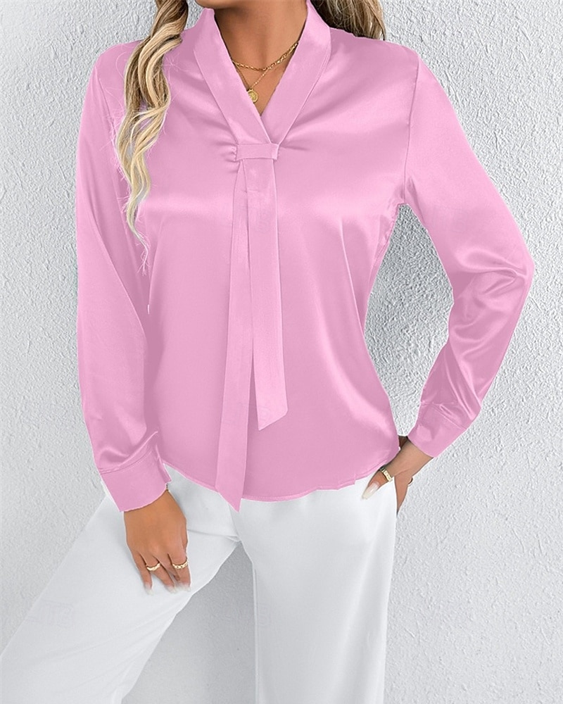 Per donna Camicia Camicia in raso Tinta unica Elegante Casual Manica Lunga Scollo a V Top Regolari Quotidiano Uscire Nodo frontale Rosa Rosso Primavera Autunno del 2025 a $18.99 –P4