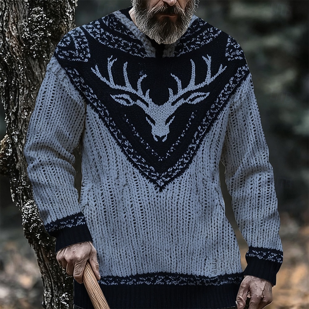 Pull Homme Hiver 2024 - Col En V, Impression Numérique 3D Effet Tricoté, Décontracté - Polyester