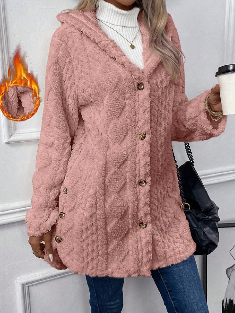 Mulheres Jaqueta sherpa Confortável Respirável Bolsos Botões Casual Tecido Férias Rua Casual Roupa Diária Não Trespassado Padrão Capuz Normal Manga Longa agasalhos Azul Claro Preto Rosa Primavera de 2025 por $31.99 –P1