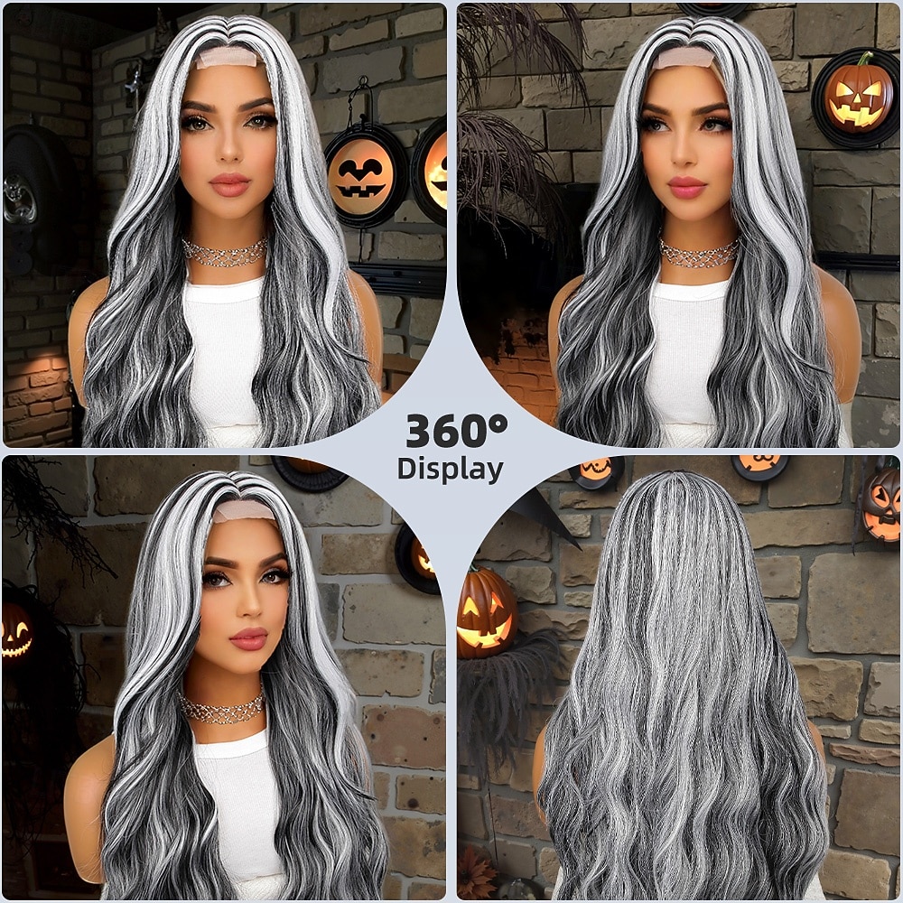 Synthetic Lace Wig Curly Style 26 inch Mixed Color Middle Part U Part Wig Women's Wig Black & White 2025 - $40.99 –P7