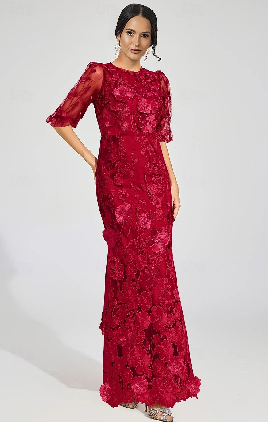 Fourreau / Colonne Longueur au sol Robes de Bal Robe de Soirée Tenue de soirée Élégant ancien Demi Manches Col ras du cou Formel Mariage Dentelle avec Paillettes de 2025 ? $149.99 –P1