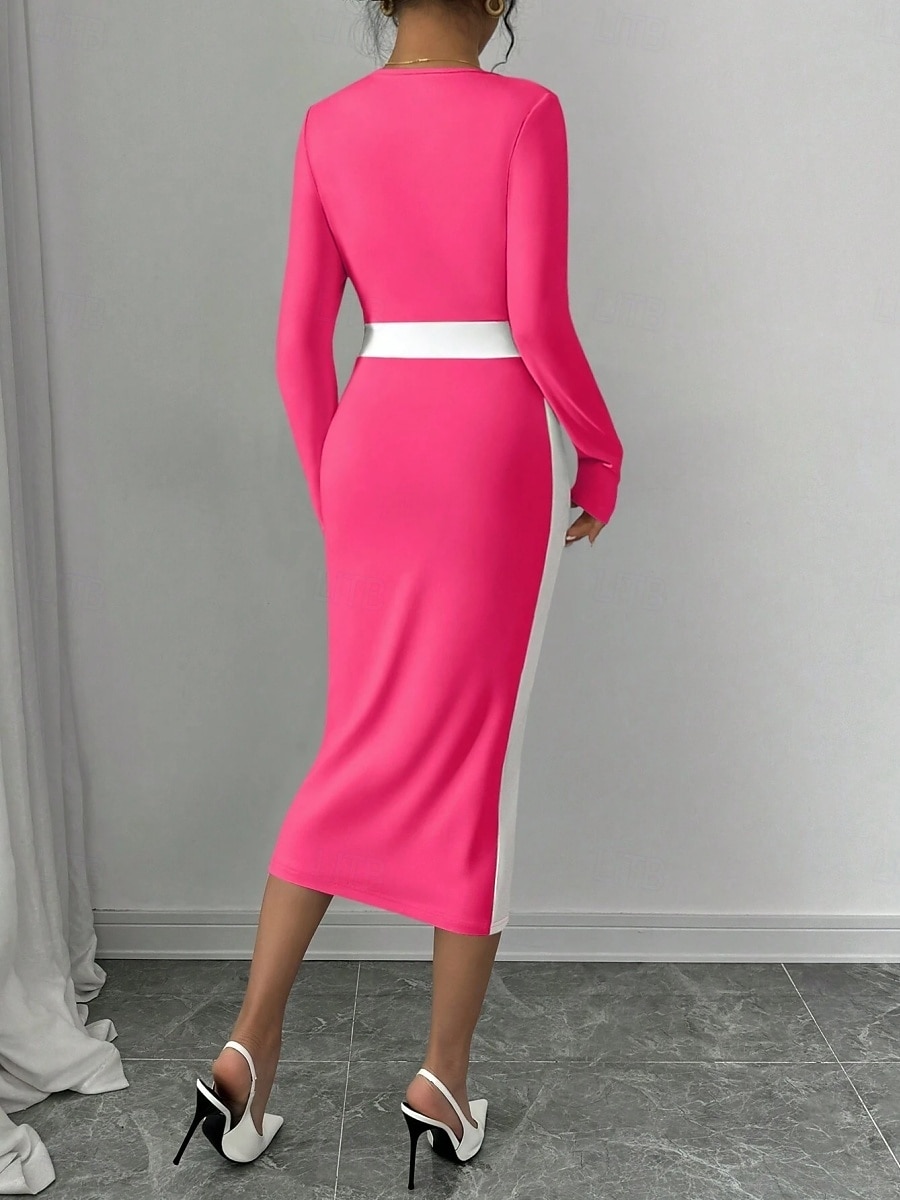 Dam Midiklänning Sheath Dress Ledigt Helgdag Utekväll Normal Randig Långärmad Fyrkantig hals Svart Fuchsia Mörkblå Vår Höst Vinter 2025 - $29.99 –P5
