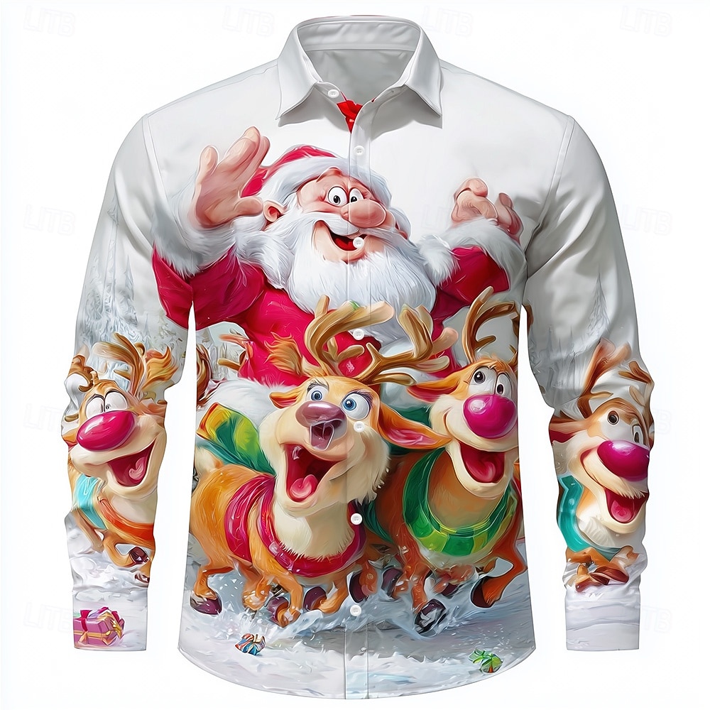 Christmas Men's Cartoon Santa Claus Reindeer Shirt Button Up Shirt Long Sleeve Funny Outdoor Holiday Spring Fall Turndown 3D Print Collared Shirts Blue White 1 White Pink Orange 2026 - $28.99 –P2