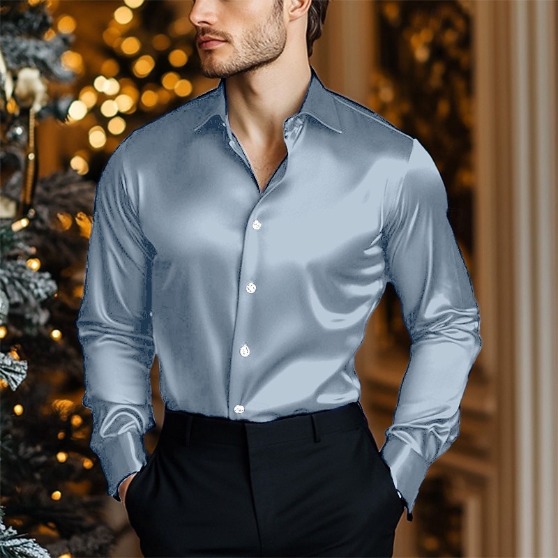 Miesten Paita Satiini paita Rento paita Button Up paita Tavallinen Päivittäin Loma Vaalean sininen Apila Pitkähihainen Kauluskäänne 봄 & Syksy Vaatetus 2026 - $26.99 –P9