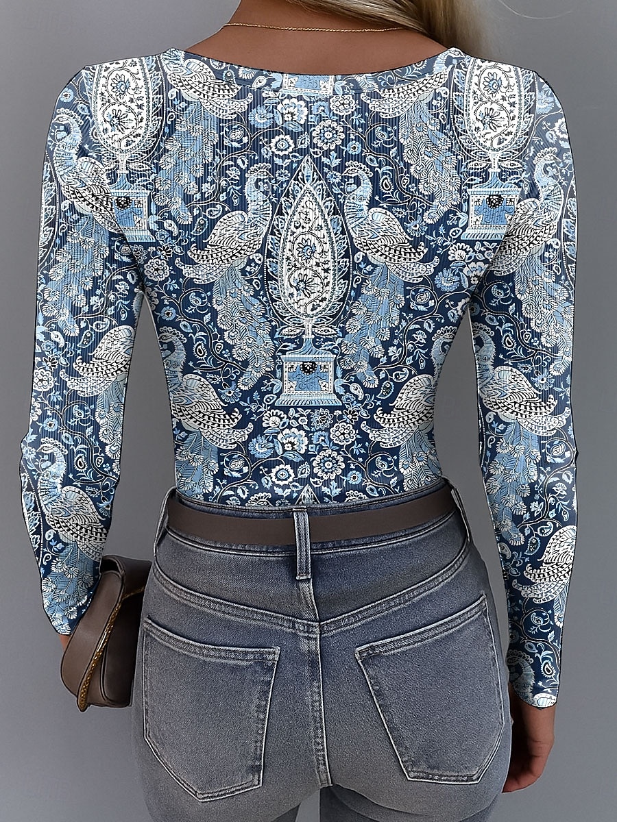 Per donna Tunica Floreale Grafico Uccello Vintage Moda Elegante Manica Lunga Collo quadrato Top Regolari Quotidiano Stampato Blu Viola Arancione Verde Primavera Autunno del 2025 a $24.99 –P5