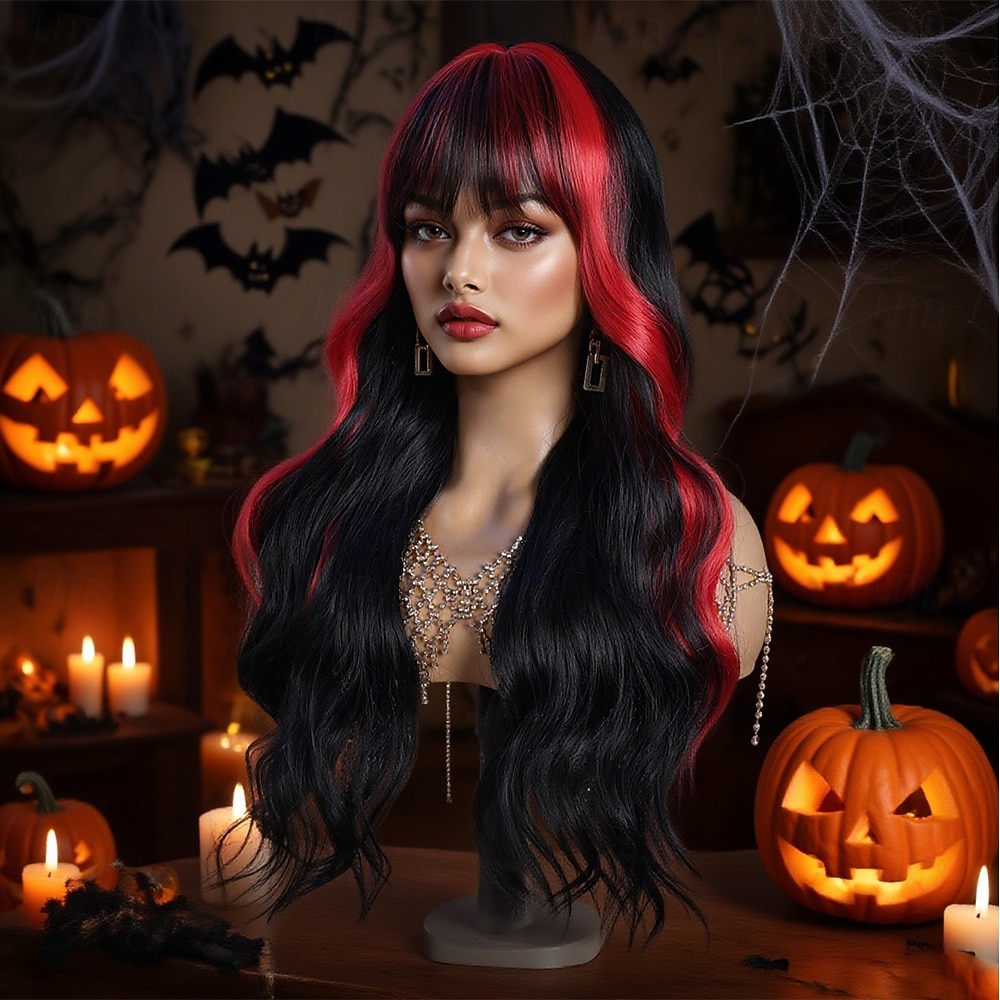 Synthetische Perücken Bodywave Gewellt Mittelscheitel Gerader Pony Perücke 26 Zoll Schwarz / Rot Synthetische Haare 26 Zoll Damen Weich Bequem Mehrfarbig 2025 - $34.99 –P3