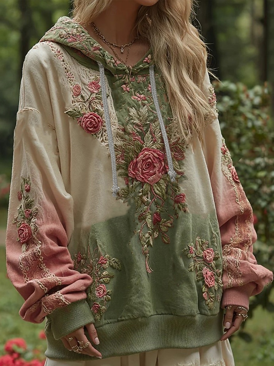 Womenska 3D Print Vintage Boho Hoodie Patchwork Hoodie Bluza Kwiatowa Pulower Bluza Elegancka Ciepła Aktywna Kaptur Ulica Codzienny Wyjazd Patchwork Jasnozielony Jasnofioletowy Beżowy Wiosna Jesień 2025 - $26.99 –P2
