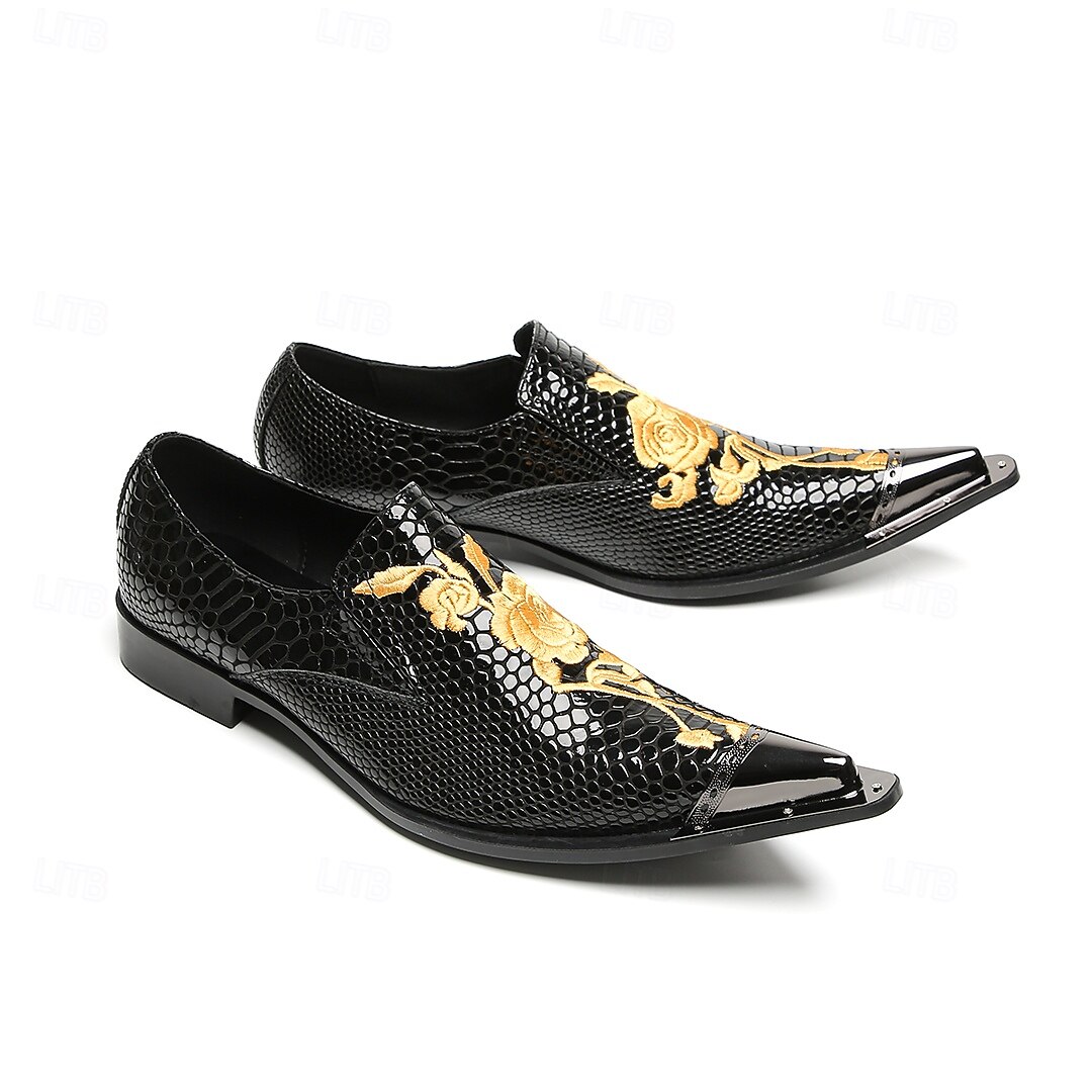 Pantofi eleganți bărbătești din piele naturală de vacă, cu model de crocodil negru și broderie aurie – mocasini formali de lux pentru afaceri, nunți și banchete 2026 - $119.99 –P5