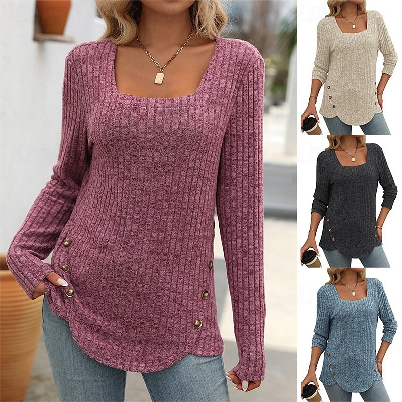 Femmes T-shirt Uni Élégant Mode Basique manche longue Col carré Hauts Réguliers Quotidien Week-end Patchwork Noir Bleu Violet Vert Blanc Ecru Printemps Automne Hiver de 2025 ? $23.99 –P1