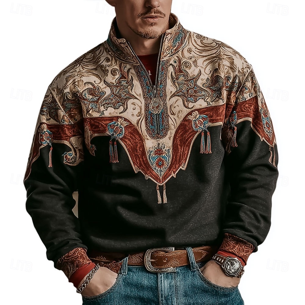 Herren Stammes Cowboy Pullover Ethnisch Vintage-Retro Langarm Stehkragen Outdoor Arbeit Geschenk Braun Khaki Braun 2 Reißverschluss Herbst Winter Designer S M L XL XXL XXXL 2026 - $28.99 –P1