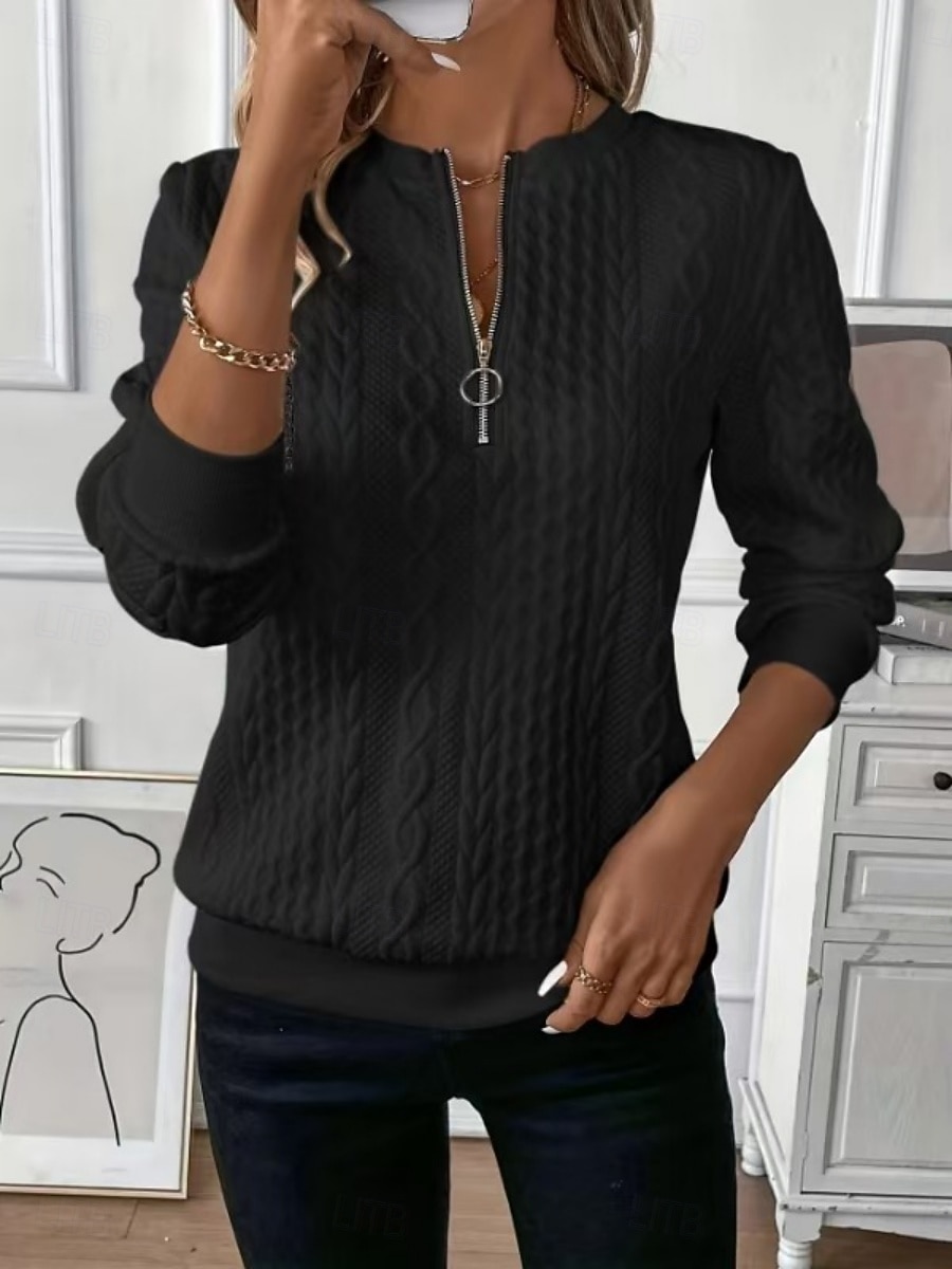 Mujer Blusa Cremallera Color sólido Elegante Casual Manga Larga Cuello Barco Tops regulares Diario Azul Piscina Negro Blanco Rosa Primavera Otoño Invierno 2026 - $27.99 –P8