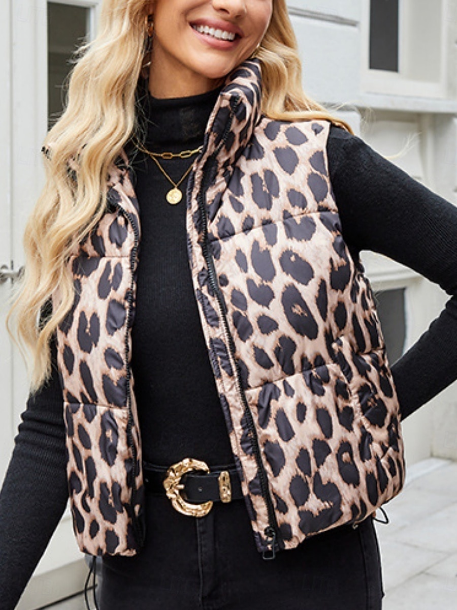 Dámské Neformální bunda Kamizelka Pohodlné Prodyšné Kapsy Tisk Na běžné nošení Leopard Dovolená ulice Ležérní Denní nošení Zip Krátké Stojáček Běžný Bez rukávů Svrchní oděvy Bílá Žlutá Jaro Podzim 2025 - $23.99 –P1