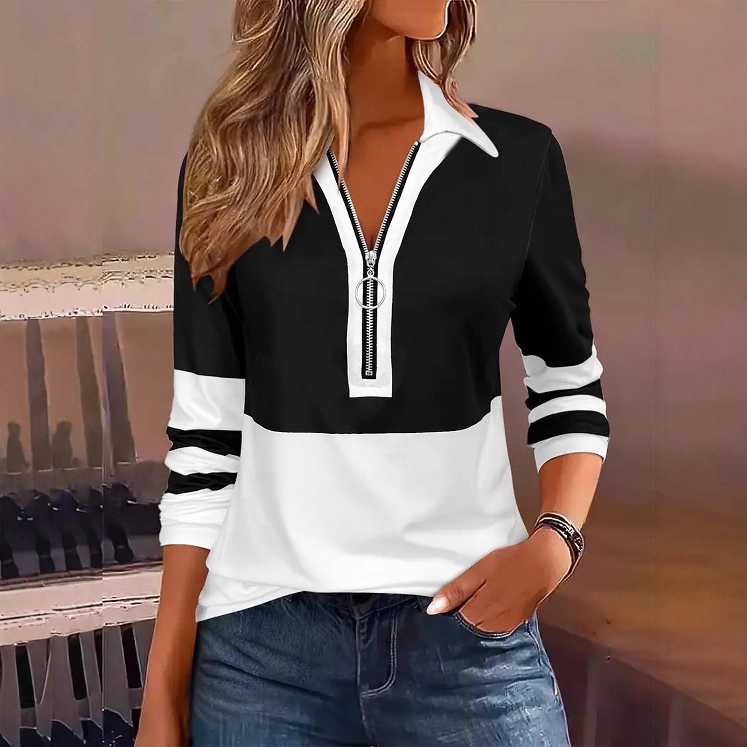 Жен. Туника Четверть молния Сплошной цвет Контрастных цветов Элегантный стиль Винтаж Стиль Длинный рукав Вырез под горло Обычные топы Повседневные Синий Черный Винный Коричневый Зеленый Весна Осень 2026 - $27.99 –P1