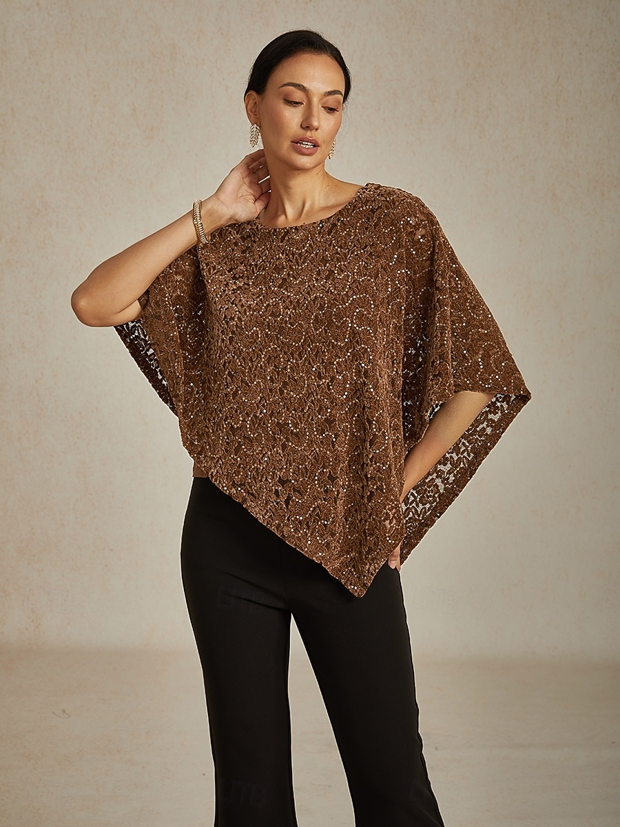 Damskie Bluzka Ponczo Bluzki koronkowe Cekiny Koronka iluzjonistyczna Elegancja Zabytkowe Półgolf Zwykłe topy Wieczorna impreza Gość weselny Stroje na imprezy wieczorowe Brązowy Wiosna Jesień 2026 - $87.99 –P1