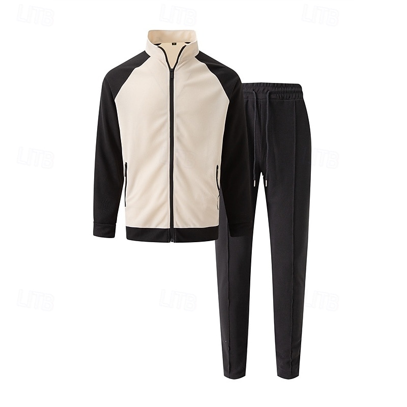 Men's Sweatshirt Tracksuit Outfit Set Stand Collar Outdoor Daily Sports Drawstring Zip Up Pocket Color Block White Brown Khaki Polyester Activewear Fashion Streetwear Spring 2025 - $36.99 –P5