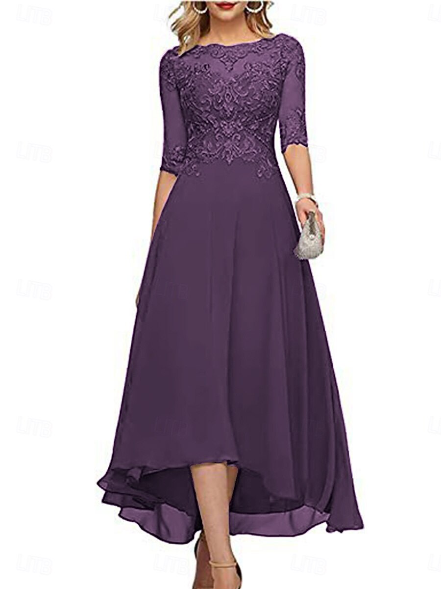 Robe A-Line mère de la mariée invitée de mariage formelle élégante col rond longueur de sol en chiffon à demi-manches avec couleur unie de 2025 ? $139.99 –P20