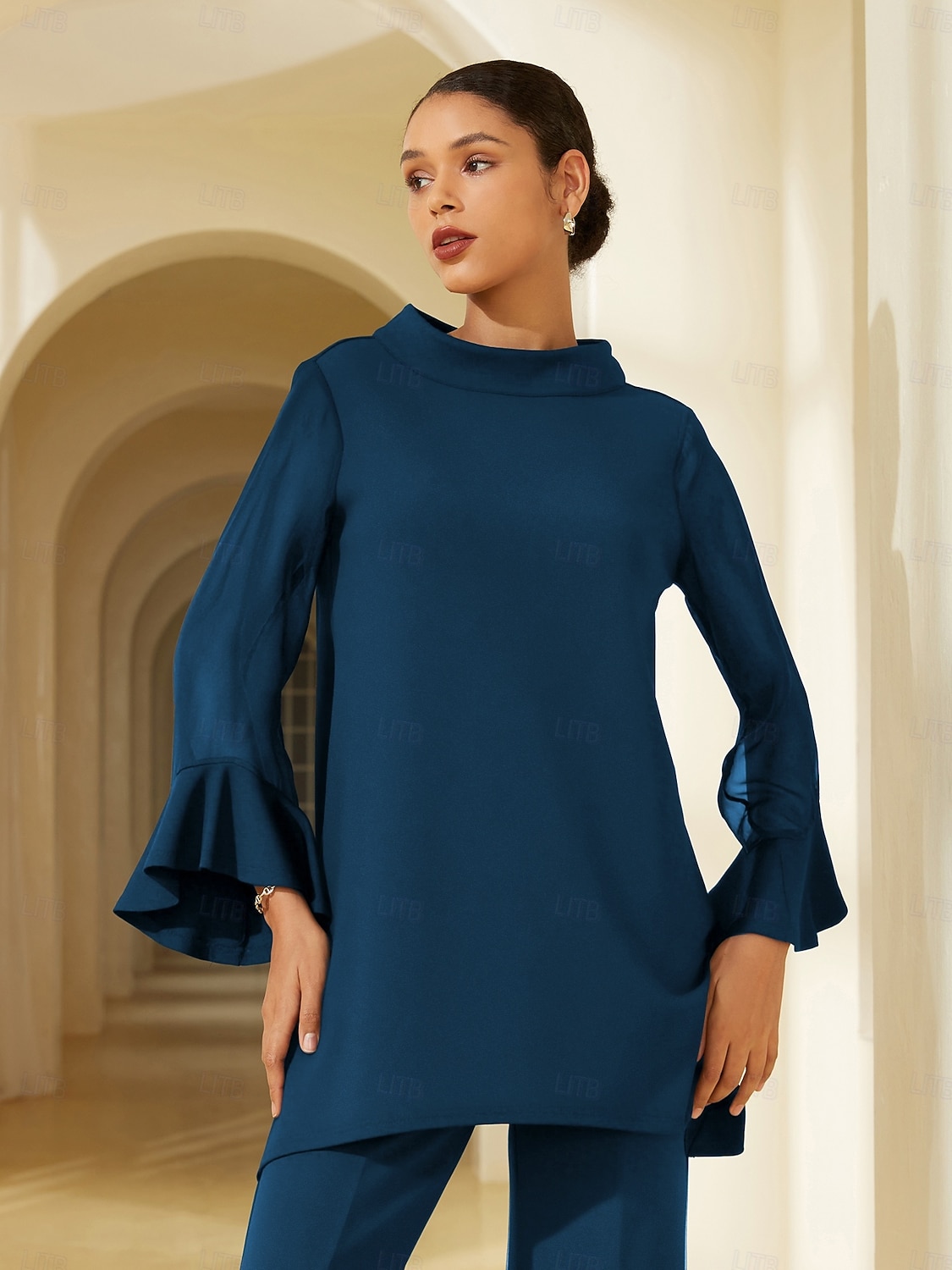 Dunkelblaue Chiffon-Modal-Slim-Fit-Bluse für Damen mit transparenten Ärmeln, elegant, leicht, atmungsaktiv, fürs Büro, Abendessen oder Date 2025 - $61.99 –P5