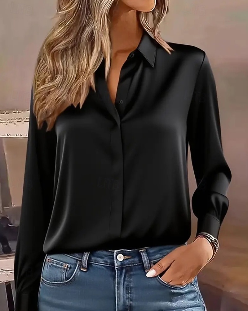 Women's Shirt Elegant Dressy Satin Top Buttons Plain Elegant Stylish Long Sleeve Shirt Collar Regular Tops Holiday Going out Black White Spring Fall 2026 - $19.99 –P3