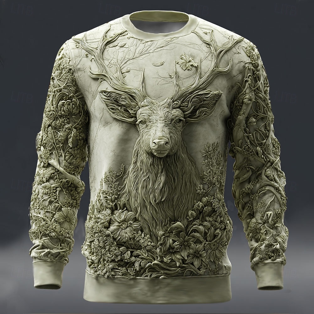 Voor heren 3D-afdrukken Hert Sweatshirt Casual Lange mouw Strakke ronde hals Vakantie Feest Lahja Groen Khaki Grijs Ronde hals 3D Alle seizoenen Ontwerper S M L XL XXL XXXL 2026 - $28.99 –P1