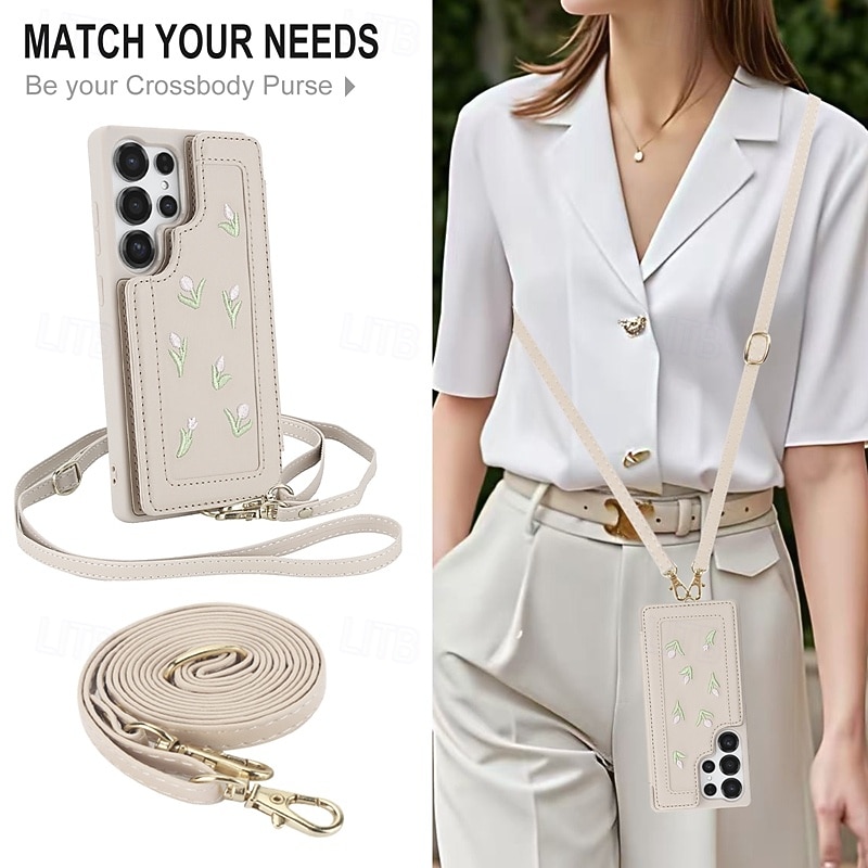 telefoon hoesje Voor Samsung Galaxy S25 S24 S23 Ultra Plus A56 A36 A16 A55 5G A35 5G A15 A14 Achterkant met draagkoord Standaard Kaartsleuf Retro Bloem Bloemen TPU PU-nahka 2025 - $16.99 –P5