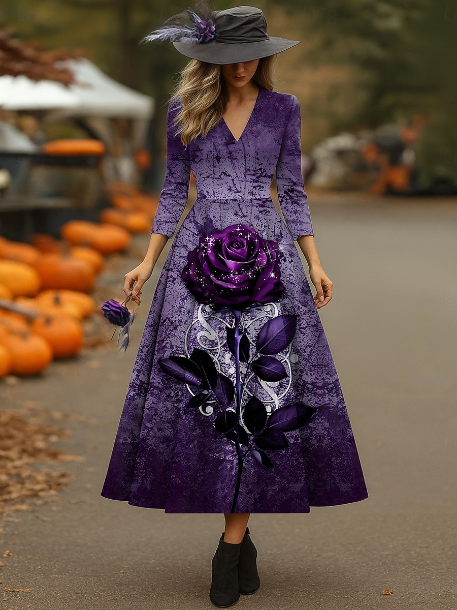 Halloween Dam Midiklänning A linjeklänning Semester Ledigt Bröllop Fest Födelsedag Normal Blommig Grafisk Reste sig 3/4 ärm V-hals Gul Rostig röd Purpur Vår Höst 2025 - $36.99 –P1