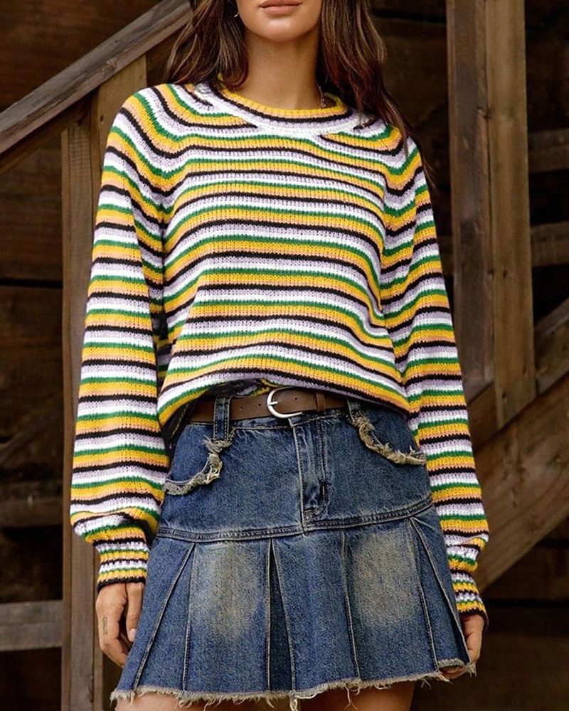 Femmes Pull Mode Occasionnel Rayé Côtelé Col ras du cou Tricoté manche longue Hauts Réguliers Tricoter Extérieur Quotidien Week-end Jaune Automne Hiver de 2025 ? $28.99 –P6