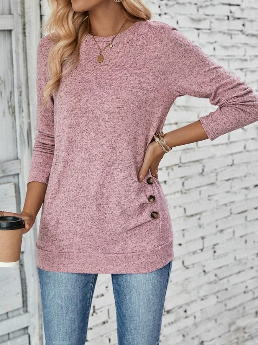 Dame Bluse Helfarge Tropisk Stilfull Fritid Langermet Crew-hals Vanlige topper Daglig Knapper Rosa Himmelblå Grønn Grå Sommer Vår Høst 2025 - $23.99 –P11