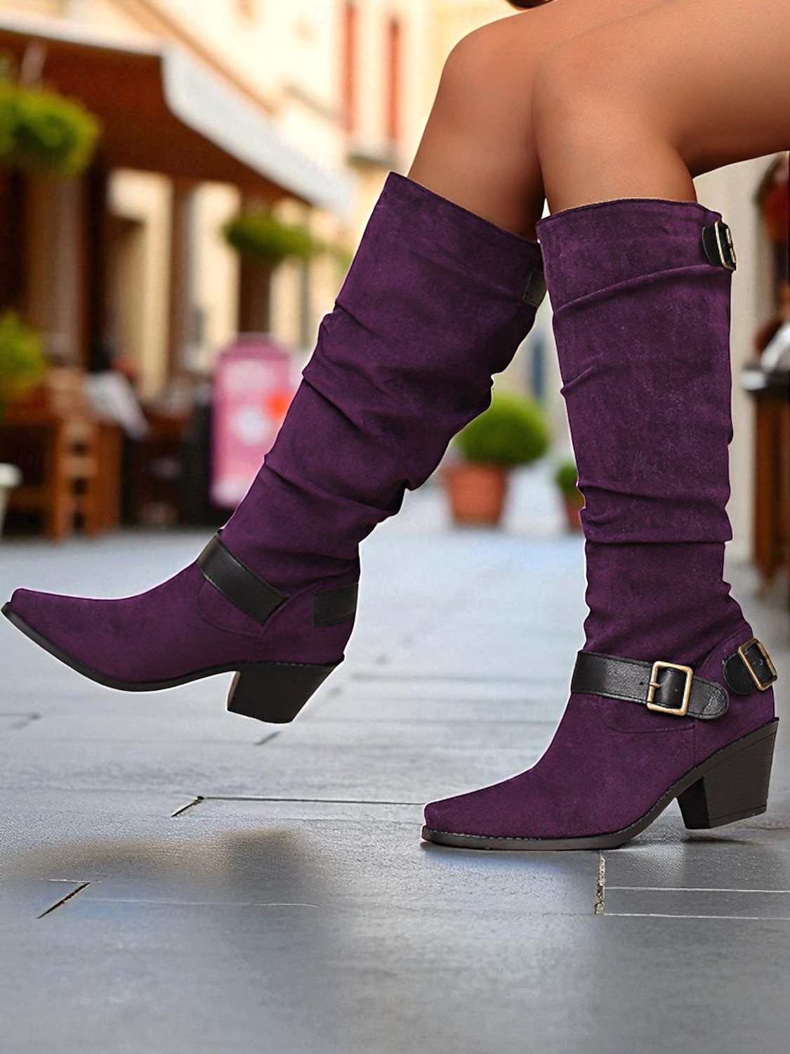 Paarse suède knielaarzen voor dames met gespen – western cowboystijl laarzen met blokhak voor herfstmode, Halloween-outfits en outdoor streetwear 2026 - $69.99 –P2