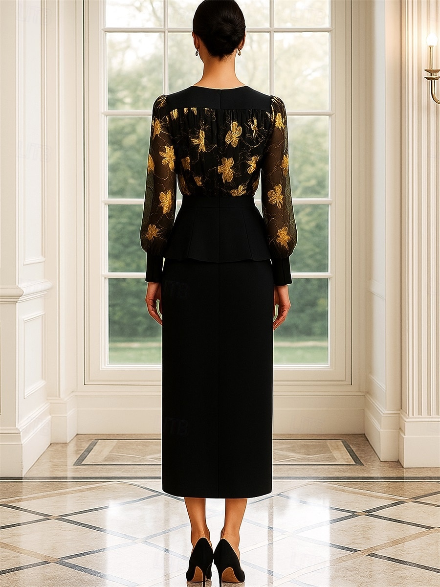 Deux Pièces Ensembles de Robes Robe de Mère de Mariée  Élégant ancien Col ras du cou Longueur thé Chiffon manche longue avec Imprimé de 2025 ? $99.99 –P2