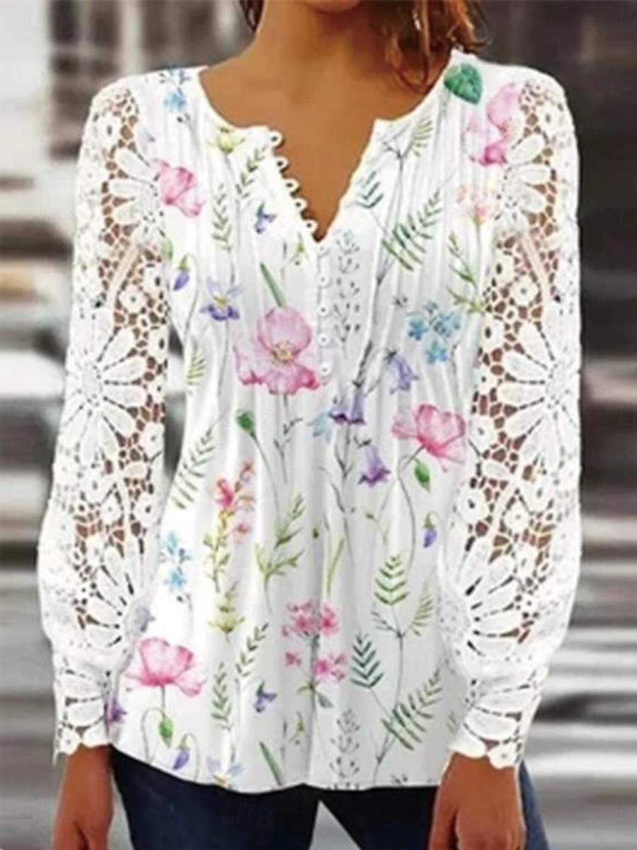 Damen Spitzenbluse Bluse Blumen Elegant Stilvoll Basic Langarm V Ausschnitt Normale Oberteile Täglich Spitze Knöpfe Druck Weiß Blau Himmelblau Purpur Frühling Herbst 2025 - $27.99 –P2