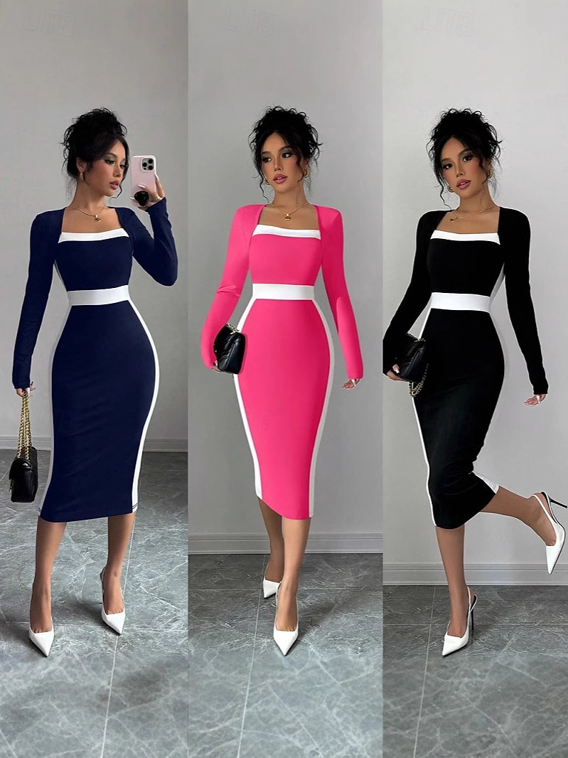 Dam Midiklänning Sheath Dress Ledigt Helgdag Utekväll Normal Randig Långärmad Fyrkantig hals Svart Fuchsia Mörkblå Vår Höst Vinter 2025 - $29.99 –P1