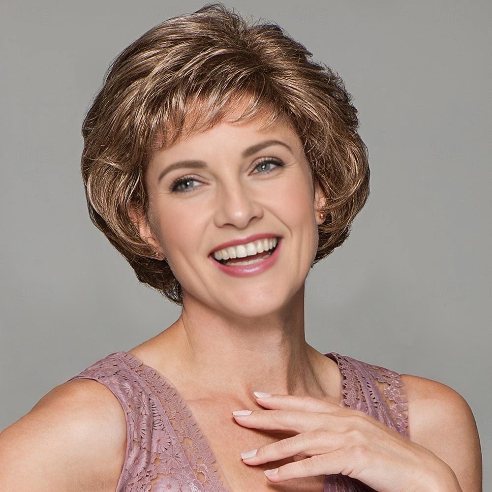 damska krótka brązowa peruka warstwowa z grzywką, naturalnie wyglądająca, realistyczne włosy syntetyczne, odporna na ciepło, falowana, elegancka, do codziennego noszenia, w modnym stylu 2025 - $21.99 –P3