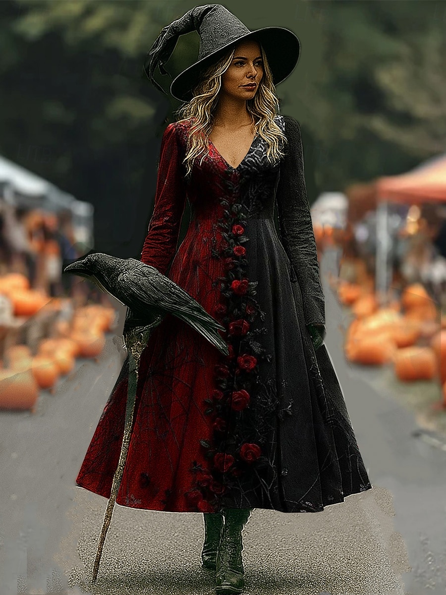 Halloween Per donna Abito maxi Abito a trapezio Vacanza Casual Boho Spiaggia Vestibilità regolare Floreale Grafico Manica Lunga Scollo a V Nero Rosso scuro Vino Rosso Primavera Autunno del 2025 a $35.99 –P1