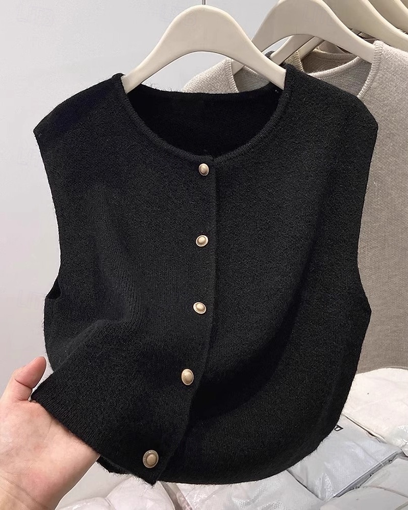 Pentru femei Pulover Vestă pulover Șic Stradă Casual Culoare solidă Stil Nautic Nasturi Tricotat Fără manșon Topuri obișnuite Tricotat Zilnic Concediu Sfârșit de săptămână Negru Caisă Toamnă Iarnă 2026 - $27.99 –P2