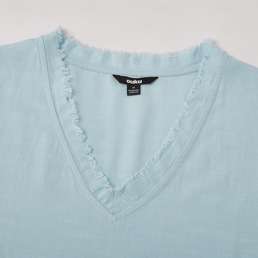 Homme T-shirt en lin manche longue Col en V Été Printemps Couleur Unie ancien Bohème Occasionnel Bord écru Vacances Rue Occasionnel Blanche Rose Bleu Ciel T-shirt haut de gamme pour homme de 2025 ? $25.99 –P13