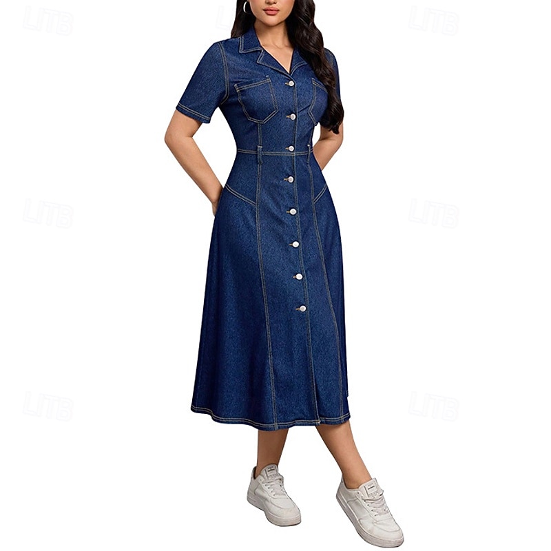Pentru femei Rochii Midi Rochii din denim Rochii Tip Cămașă Rochie casual Modă Modern În aer liber Zilnic Ieșire Fit regulat Simplu Manșon scurt Guler Cămașă Albastru Închis Primăvară Toamnă 2025 - $59.99 –P3