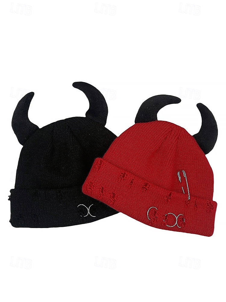 unisex halloween-paholaisen sarvineulepipo – goottilainen punk-kallomyssy hakaneulalla ja rengaskorjauksilla miehille ja naisille, juhla-asu 2025 - $11.99 –P11