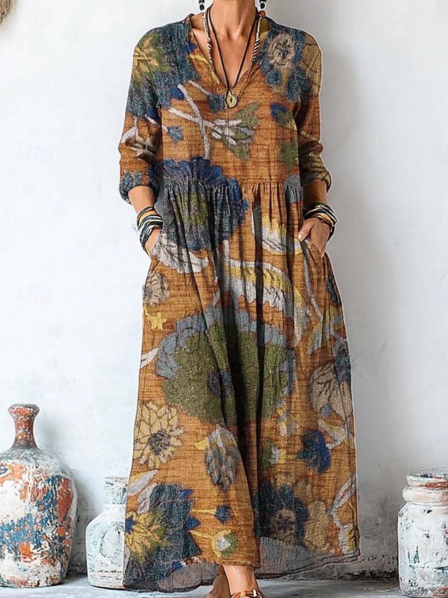 Damskie Sukienka maxi Sukienka letnia Plisowana sukienka Urlop Codzienny Boho Wyjściowe Plaża Graficzny W Tureckie Wzory Długi rękaw W serek Fioletowy Brązowy Zielony Szary Wiosna Jesień Zima 2025 - $35.99 –P1