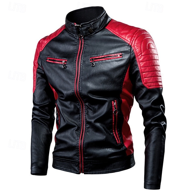 Per uomo Giacca in Ecopelle Giacca da Biker Giacca da Moto Vacanza Quotidiano Antivento Patchwork Tasca Primavera Autunno Semplice Moda Classico Collo alla coreana Regolare Nero Bianco Rosso Marrone del 2026 a $46.99 –P5