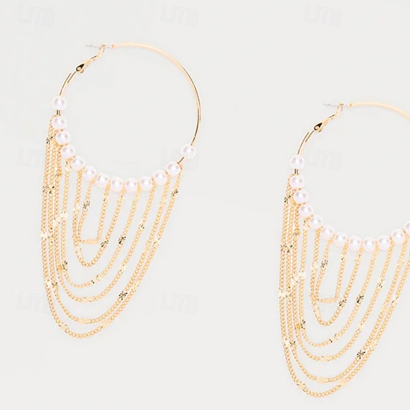 Pendientes de aro grandes de perla para mujer con cadenas de oro en capas: joyas llamativas para atuendos de fiesta y moda de discoteca. &ocasiones especiales 2026 - $14.99 –P4